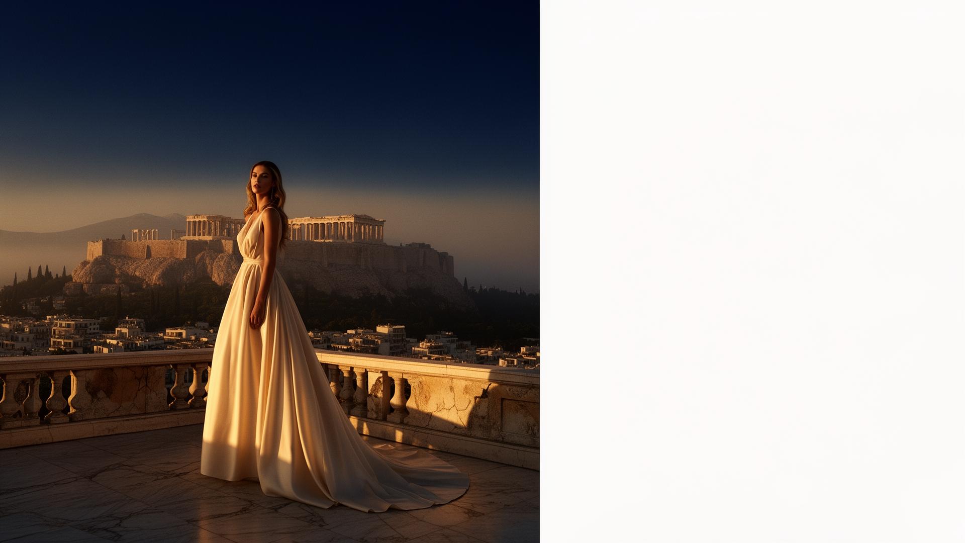 Editorial fashion model on a marble terrace overlooking the Acropolis at golden hour