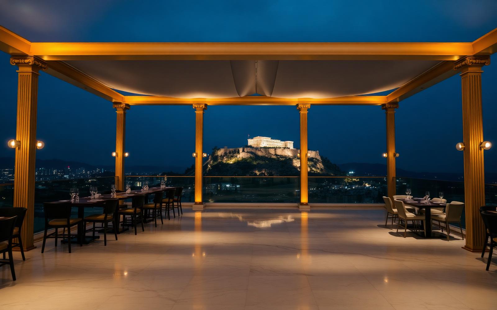 Luxury rooftop venue in Athens overlooking the Acropolis at night